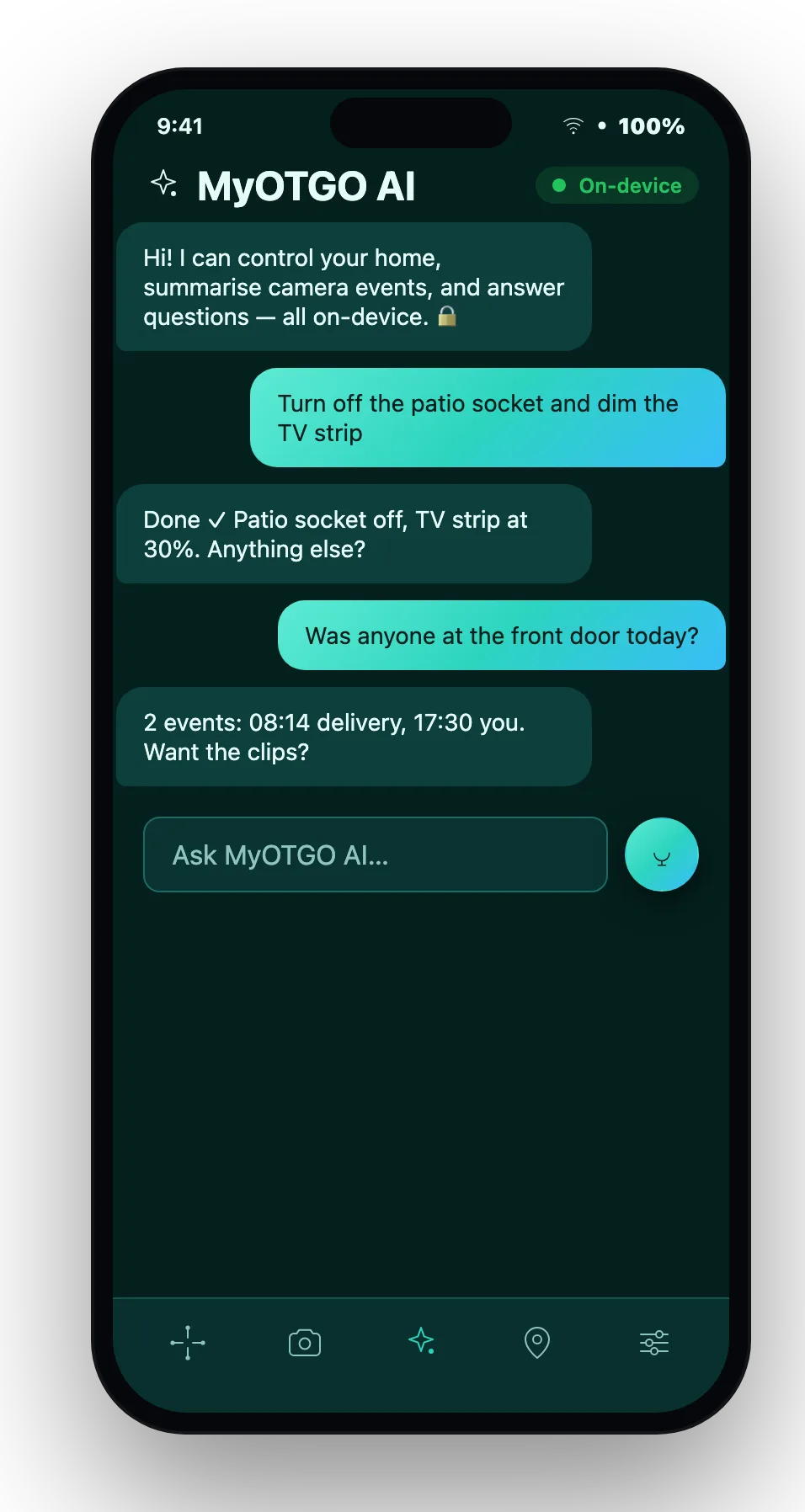 MyOTGO private on-device AI assistant screen in dark theme