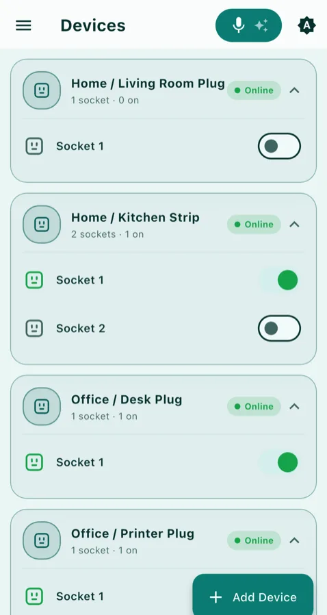 MyOTGO hub dashboard showing rooms, devices and energy in dark theme