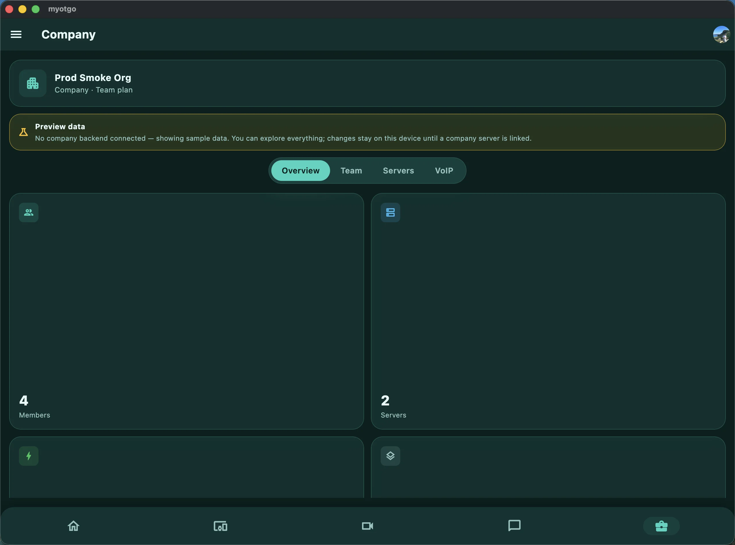 MyOTGO macOS company panel โ organisation overview with members, servers, team roles and VoIP